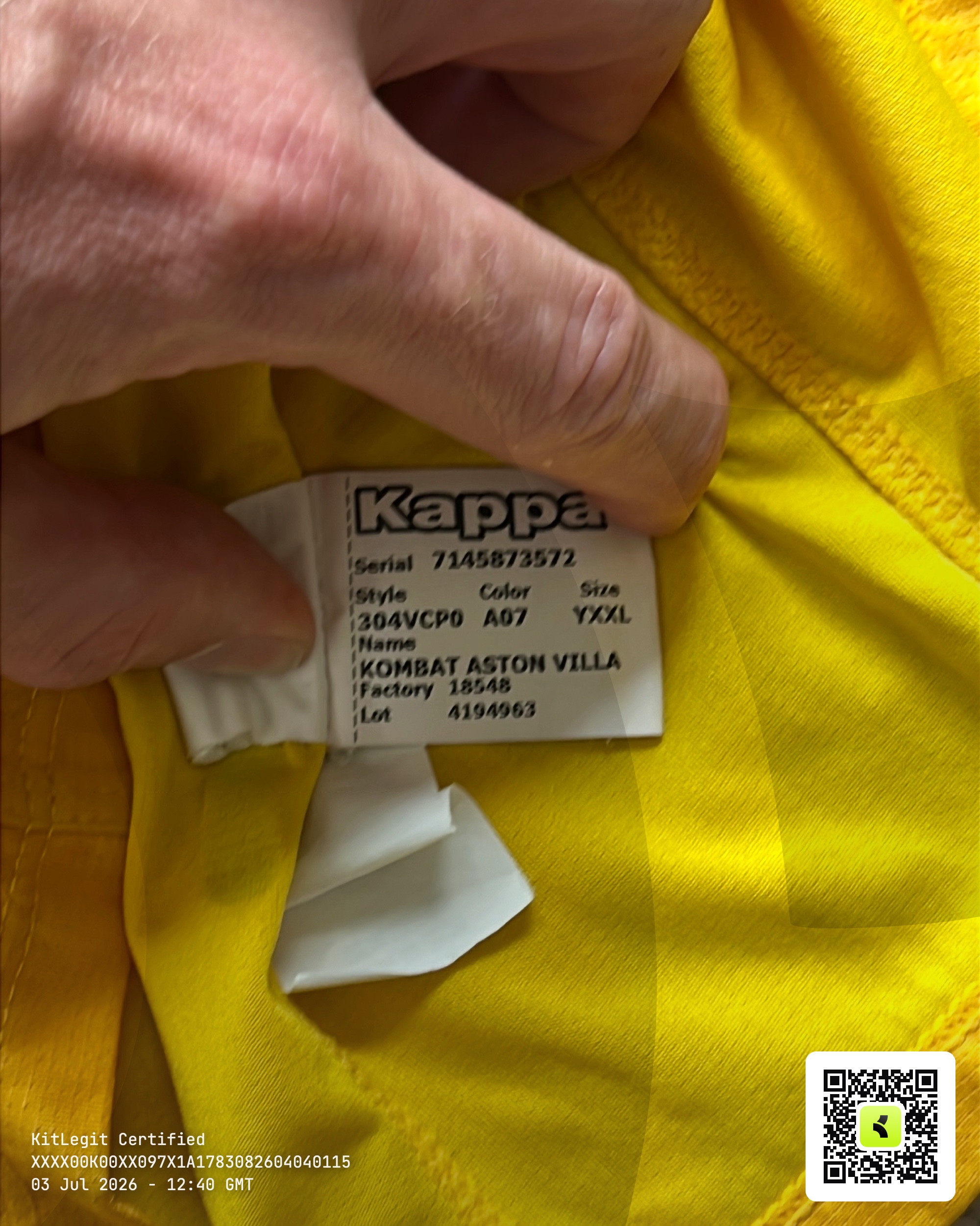Authenticity evidence image of Aston Villa 2019/20 Kappa GK 2 Goalkeeper Shirt - Junior XXL