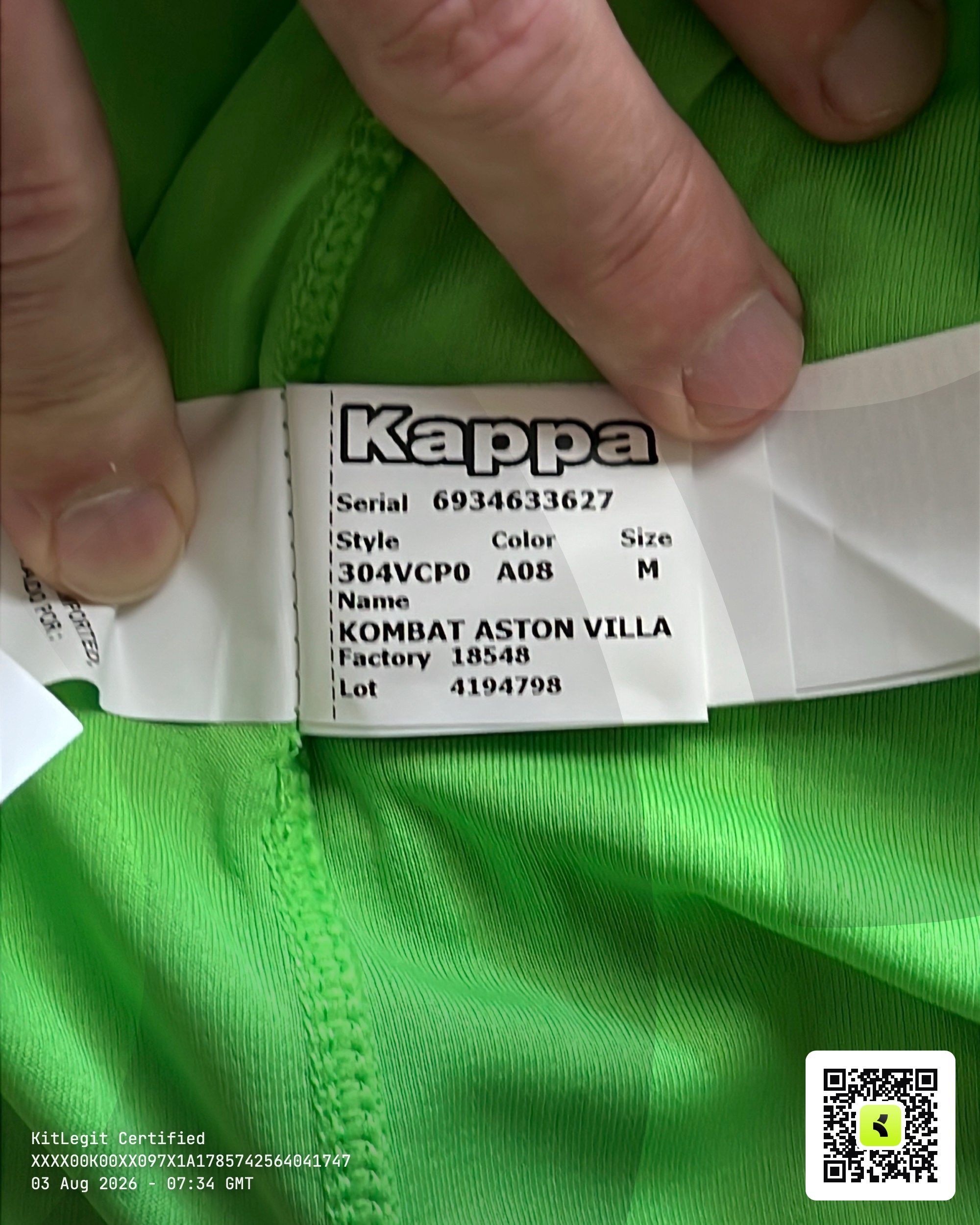 Authenticity evidence image of Aston Villa 2019/20 Kappa GK 3 Goalkeeper Shirt - Men's Medium