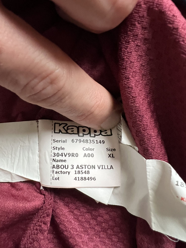 Authenticity evidence image of Aston Villa 2019/20 Kappa Pre-Match 3 Match Worn Shirt - Men's XL